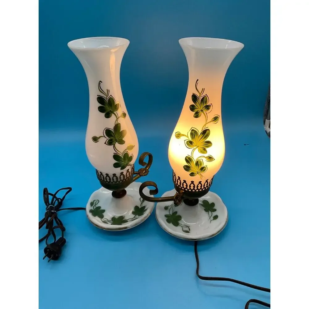 Pair Vintage Hand-Painted Glass Lamps 14